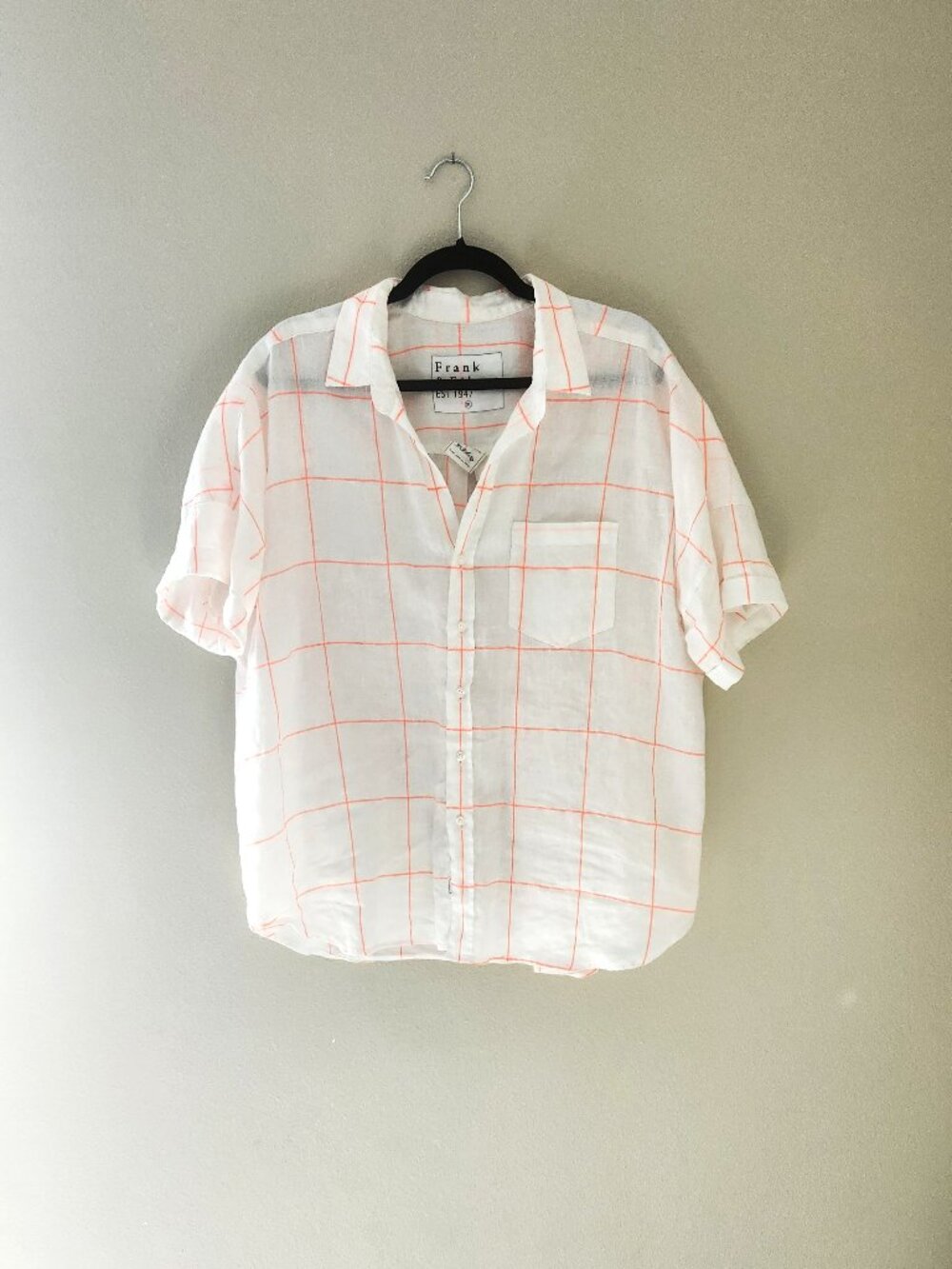 FRANK & EILEEN White Linen Short Sleeve Shirt with Neon Pink Check Size XL